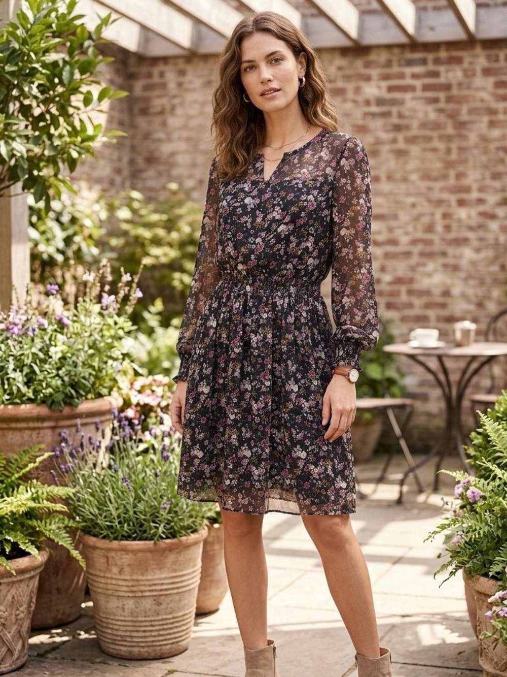CECE Black Floral Chiffon Long Sleeve Smocked Waist Dress Size 6
